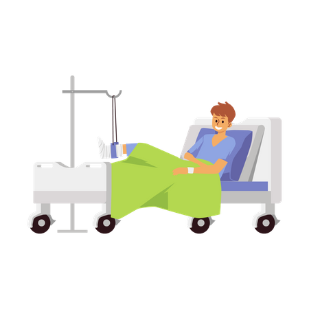 Hombre con pierna rota en cama de hospital  Ilustración