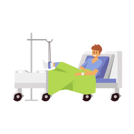 Personaje De Dibujos Animados De Hombre Con Pierna Rota En Cama De Hospital Paciente Recibiendo Terapia Intensa En La Sala Del Hospital Ilustración
