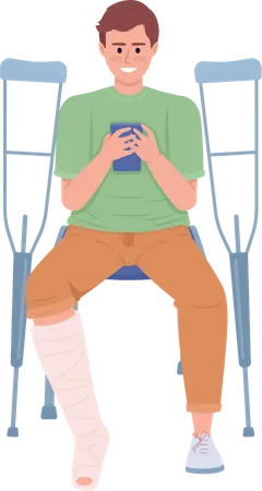 Hombre con pierna rota mirando el teléfono  Ilustración