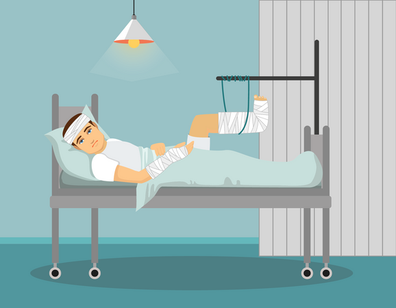 Hombre con pierna y mano rotas en la cama de un hospital  Ilustración