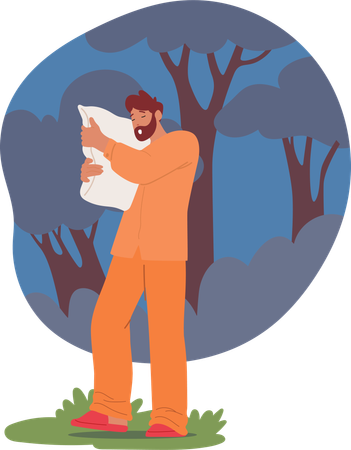 Un hombre viste pijamas y camina dormido mientras sostiene una almohada en un entorno forestal  Ilustración