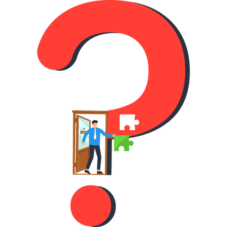 Hombre con puerta con signo de interrogación y piezas de rompecabezas Solución de problemas  Ilustración