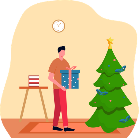 Hombre con regalo de Navidad cerca del árbol  Ilustración