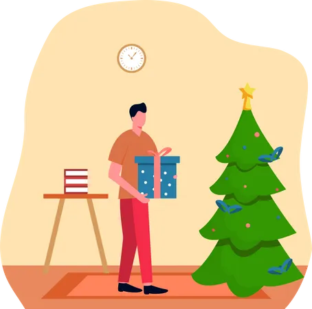 Hombre con regalo de Navidad cerca del árbol  Ilustración