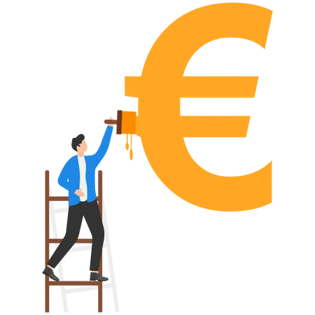 Hombre con rodillo de pintura para pintar el símbolo del euro  Ilustración