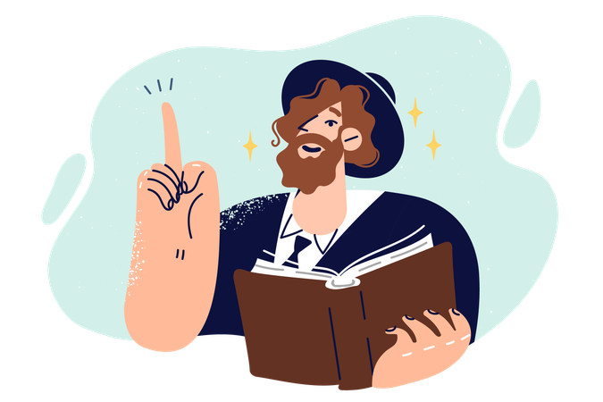 Un hombre con ropa y sombrero nacional judío sostiene un libro de la Torá y señala con el dedo hacia arriba  Ilustración