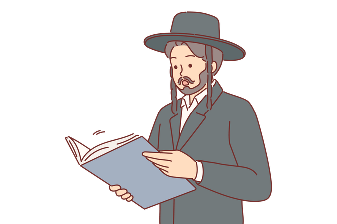 Un hombre vestido con ropa tradicional judía lee libros o documentos comerciales  Ilustración