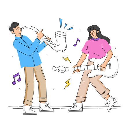 Hombre con saxofón y mujer con guitarra.  Ilustración