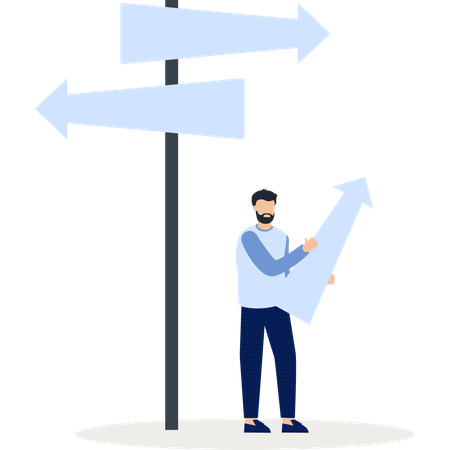 Hombre con cartel de flecha, opciones direccionales, toma de decisiones empresariales  Ilustración