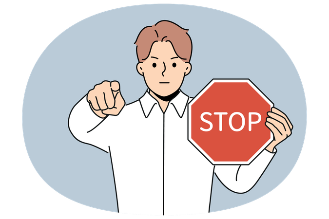 Un hombre con una señal de stop en la mano dice que tiene acceso denegado y señala con el dedo la advertencia en la pantalla sobre la parada.  Ilustración