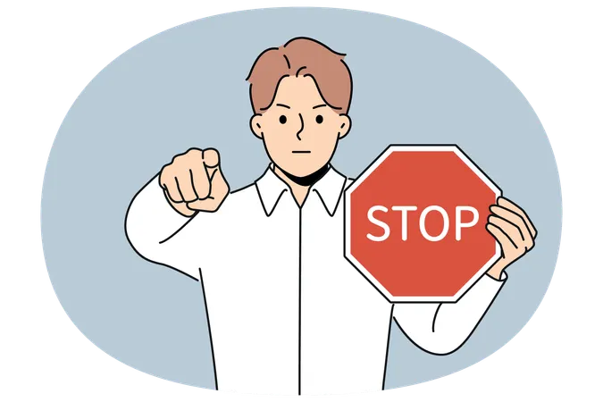 Un hombre con una señal de stop en la mano dice que tiene acceso denegado y señala con el dedo la advertencia en la pantalla sobre la parada.  Ilustración