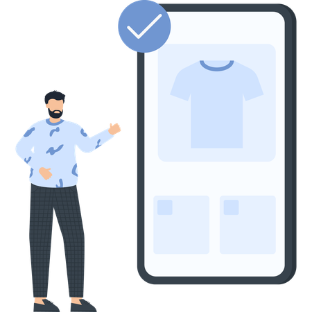 Hombre con teléfono inteligente mostrando la confirmación de compra de una camiseta  Ilustración