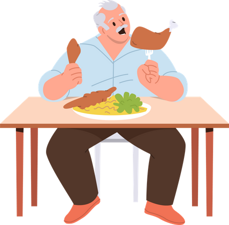 Hombre con sobrepeso comiendo comida chatarra y poco saludable  Ilustración