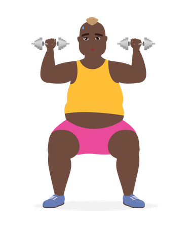 Hombre con sobrepeso haciendo ejercicio con mancuernas  Ilustración