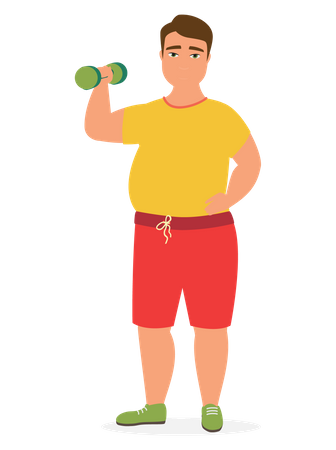Hombre con sobrepeso haciendo ejercicio con mancuernas  Ilustración