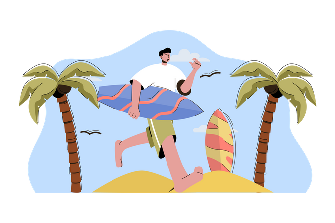Hombre con tabla de surf corriendo hacia el océano  Ilustración