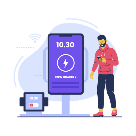 Hombre con tecnología de carga inalámbrica  Ilustración
