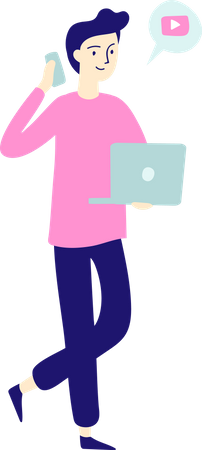 Hombre con teléfono inteligente y computadora portátil  Ilustración