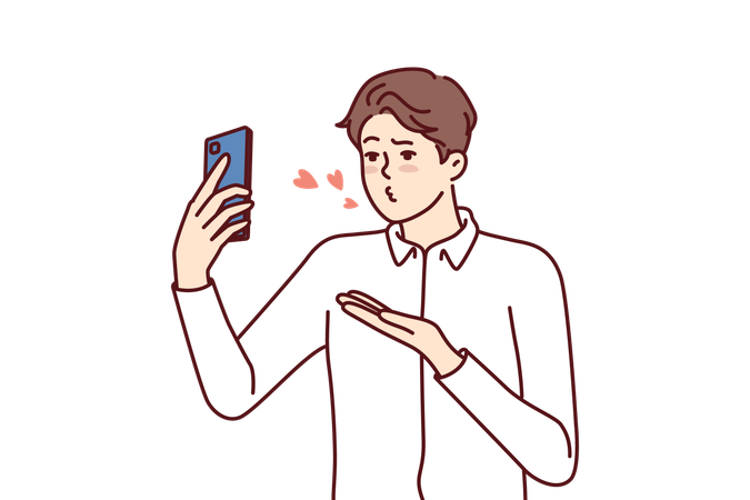 Hombre con teléfono móvil envía un beso al aire a su interlocutor durante una videollamada con su novia  Ilustración