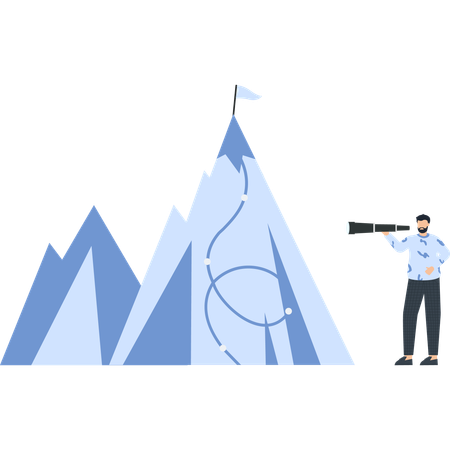 Hombre con telescopio observando la cima de una montaña Estrategia empresarial Logro de objetivos Visión  Ilustración