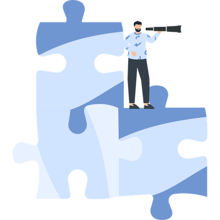Hombre con telescopio sobre pieza de rompecabezas  Ilustración