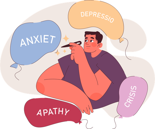 Hombre con terapia de ansiedad y depresión.  Ilustración