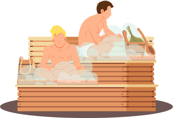 Hombre con toalla blanca descansa sobre un banco de madera en una sauna de vapor caliente  Ilustración