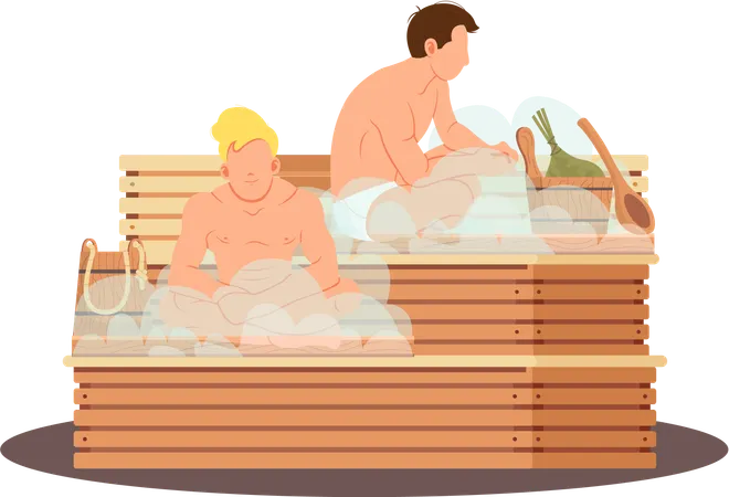 Hombre con toalla blanca descansa sobre un banco de madera en una sauna de vapor caliente  Ilustración