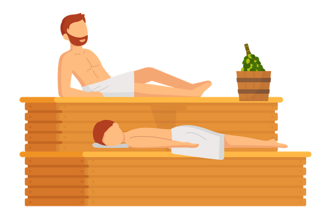 Hombre con toalla blanca descansa sobre un banco de madera en una sauna de vapor caliente  Ilustración