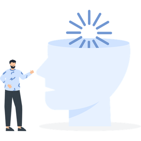 Hombre con un cerebro cargado que representa ideas y pensamientos.  Ilustración