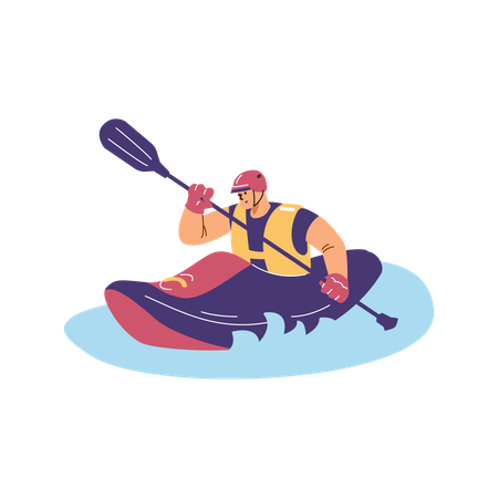 Hombre con un remo en un kayak flotando en el agua  Ilustración