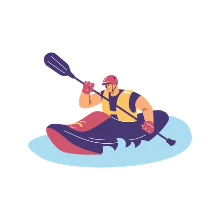 Hombre con un remo en un kayak flotando en el agua  Ilustración