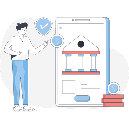 Hombre sosteniendo un teléfono inteligente que muestra un ícono de banco y dinero que simboliza la banca digital y las transacciones financieras.  Ilustración
