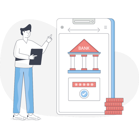 Hombre sosteniendo un teléfono inteligente que muestra un ícono de banco y una pila de dinero que simboliza la banca digital y la gestión financiera.  Ilustración