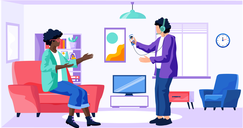 Hombre con teléfono inteligente en sus manos y viendo un video con su amigo juntos en casa  Ilustración