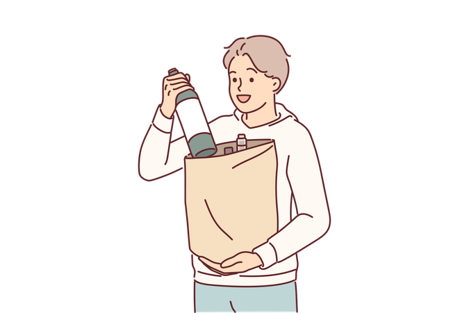 Hombre con una botella de vino en una bolsa de papel regresa de la tienda de comestibles  Ilustración