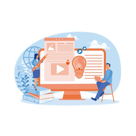Hombre con una computadora portátil creando contenido con ideas creativas  Ilustración