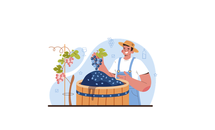 Hombre con vino de uva envejecido en barril de madera  Illustration