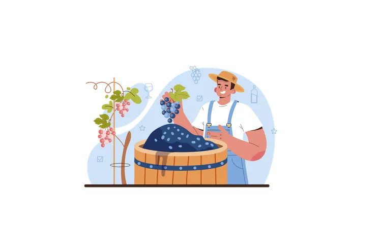 Hombre con vino de uva envejecido en barril de madera  Illustration