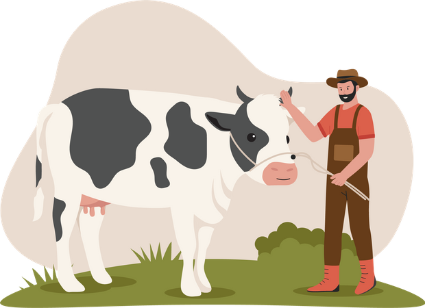 Hombre con vaca en la granja  Ilustración