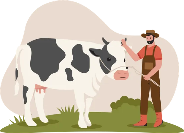 Hombre con vaca en la granja  Ilustración