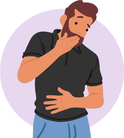 Hombre con síntoma de gastritis y vómitos  Ilustración