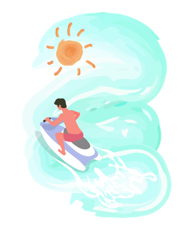 Hombre conduciendo moto acuática en vacaciones  Ilustración