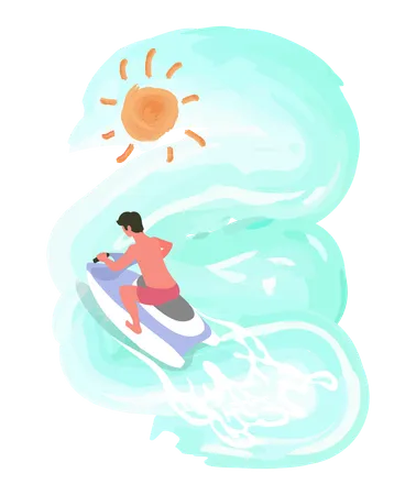 Hombre conduciendo moto acuática en vacaciones  Ilustración