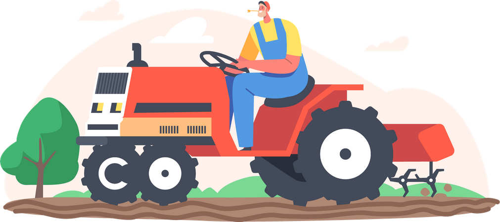 Hombre conduciendo un tractor en el campo  Ilustración