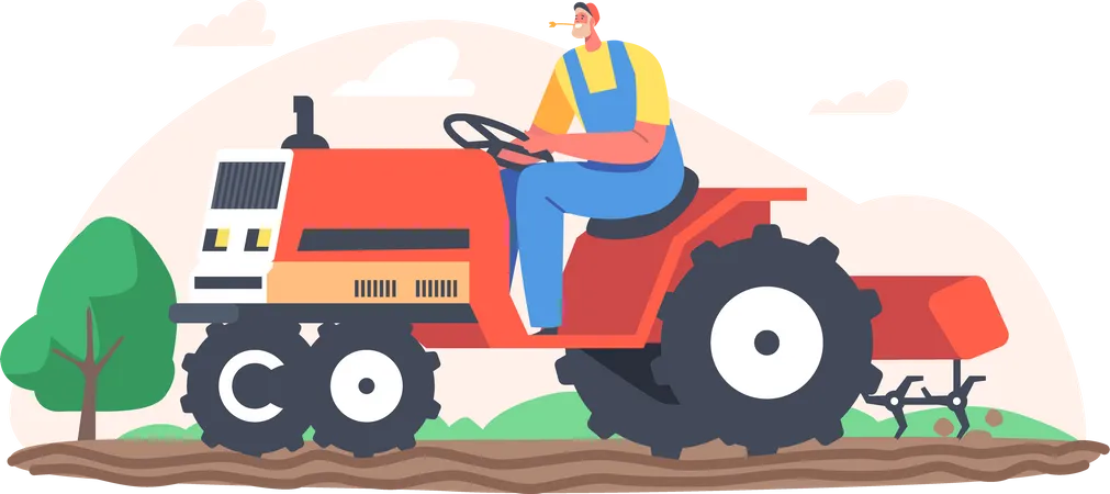 Hombre conduciendo un tractor en el campo  Ilustración