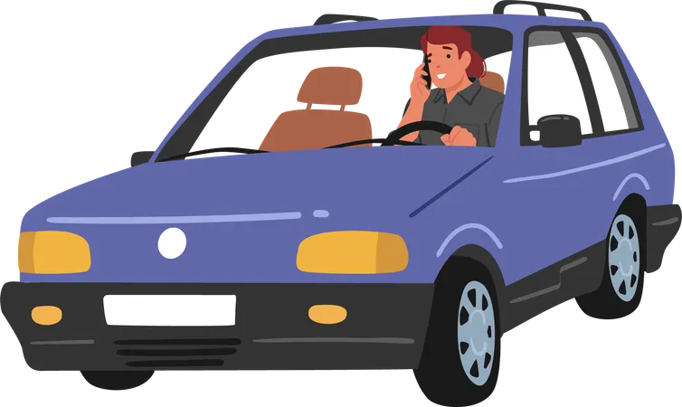 Hombre conduciendo un coche mientras habla por teléfono usando el móvil  Ilustración