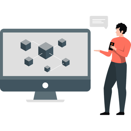 Hombre conectando bloques en la tecnología blockchain  Ilustración