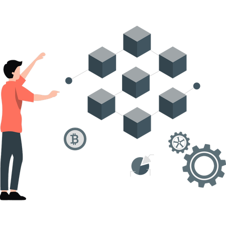 Hombre colocando una caja de bitcoin  Ilustración