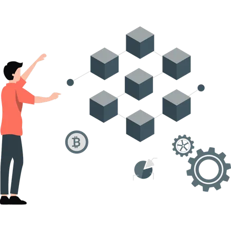 Hombre colocando una caja de bitcoin  Ilustración